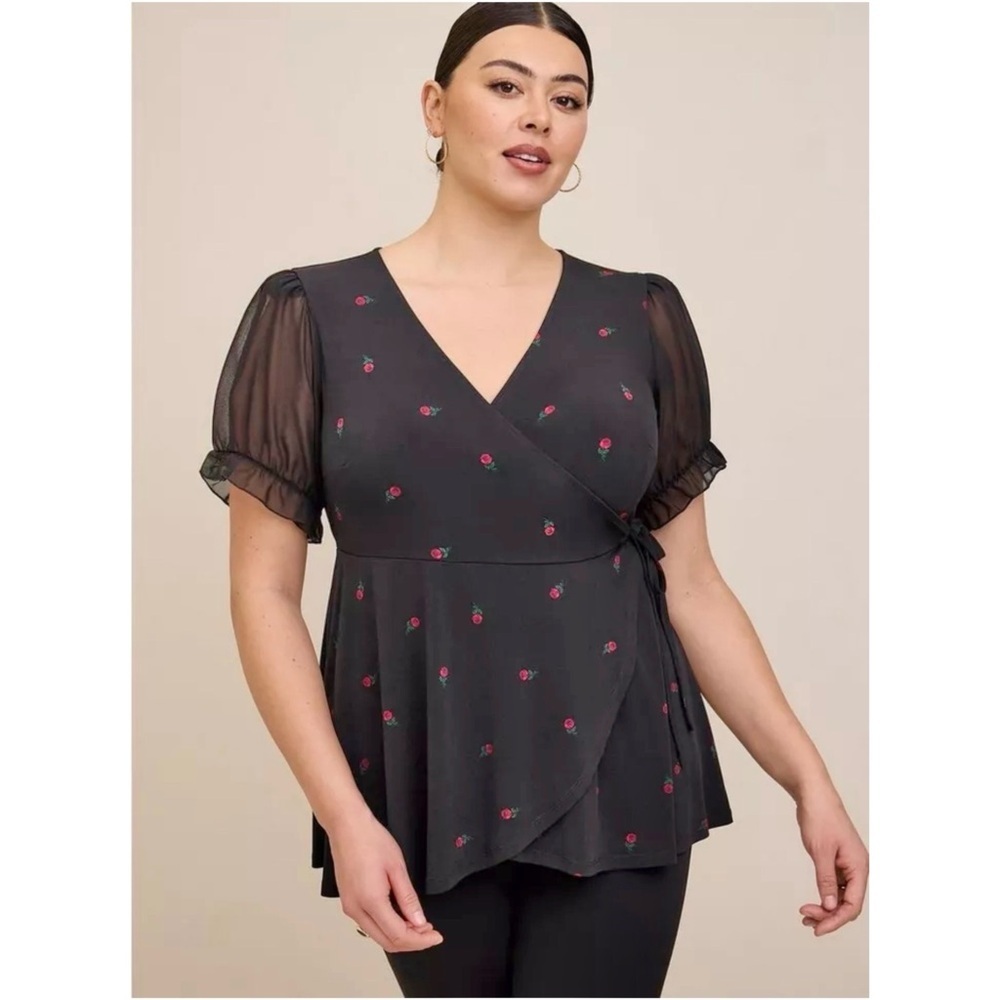 Torrid rose print sheer lantern sleeves wrap top